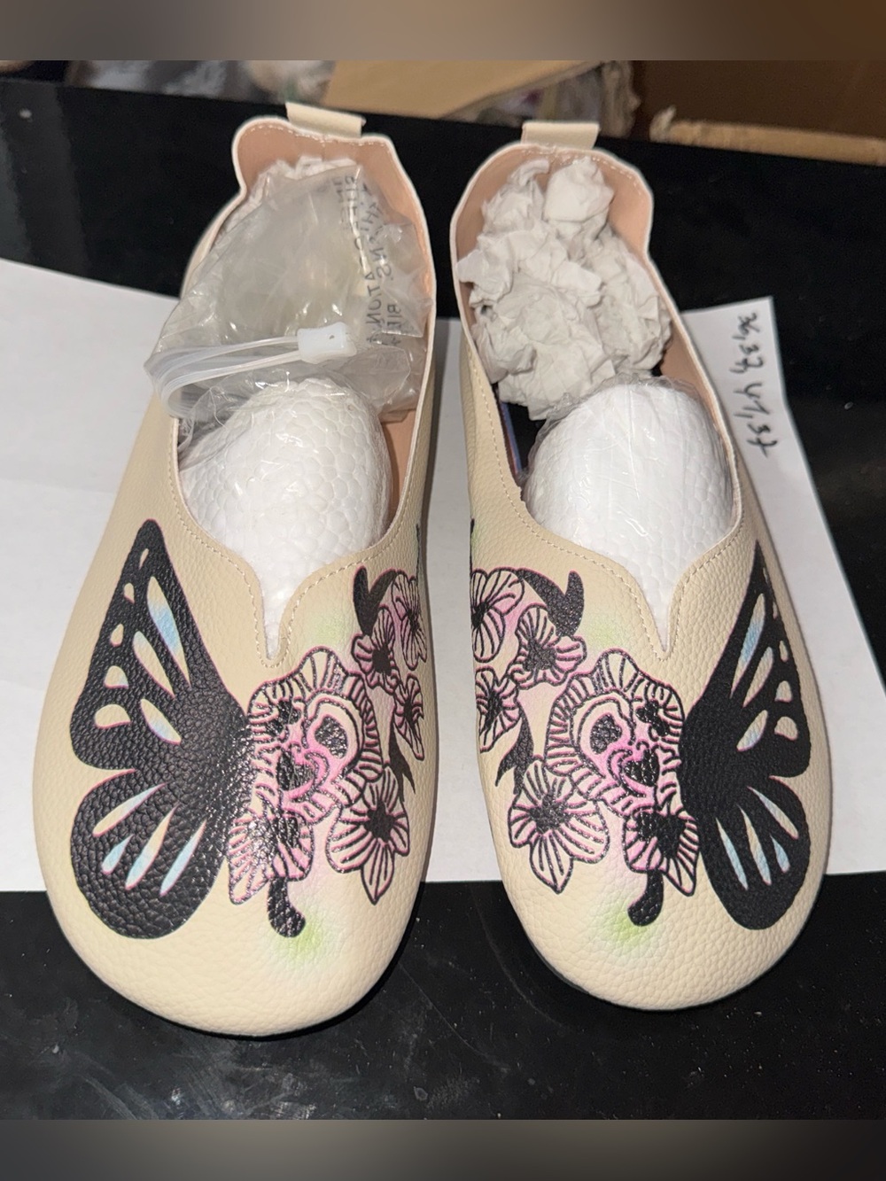 Women’s Cream Slip-On Flats with Butterfly Floral Print